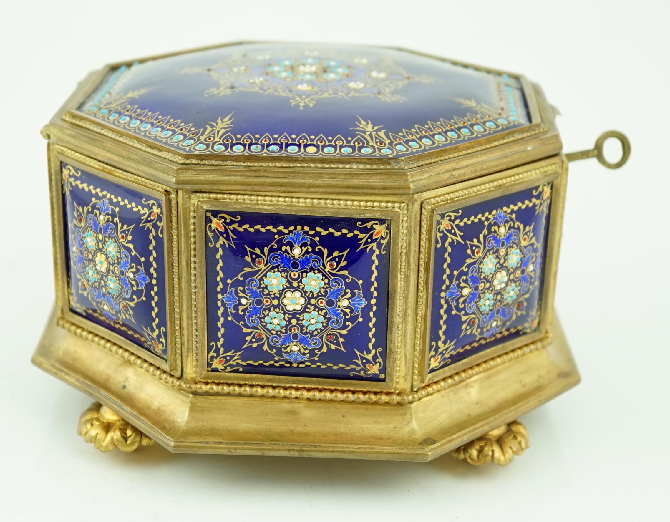 A 19th century French Limoges enamel casket, 18cm wide, 18cm deep, 10cm high